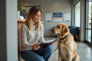 Femme rassurant son chien dans une clinique vétérinaire
