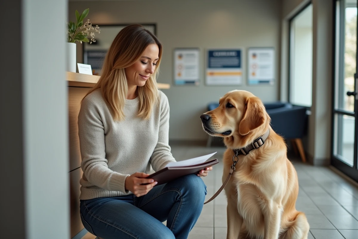 Femme rassurant son chien dans une clinique vétérinaire