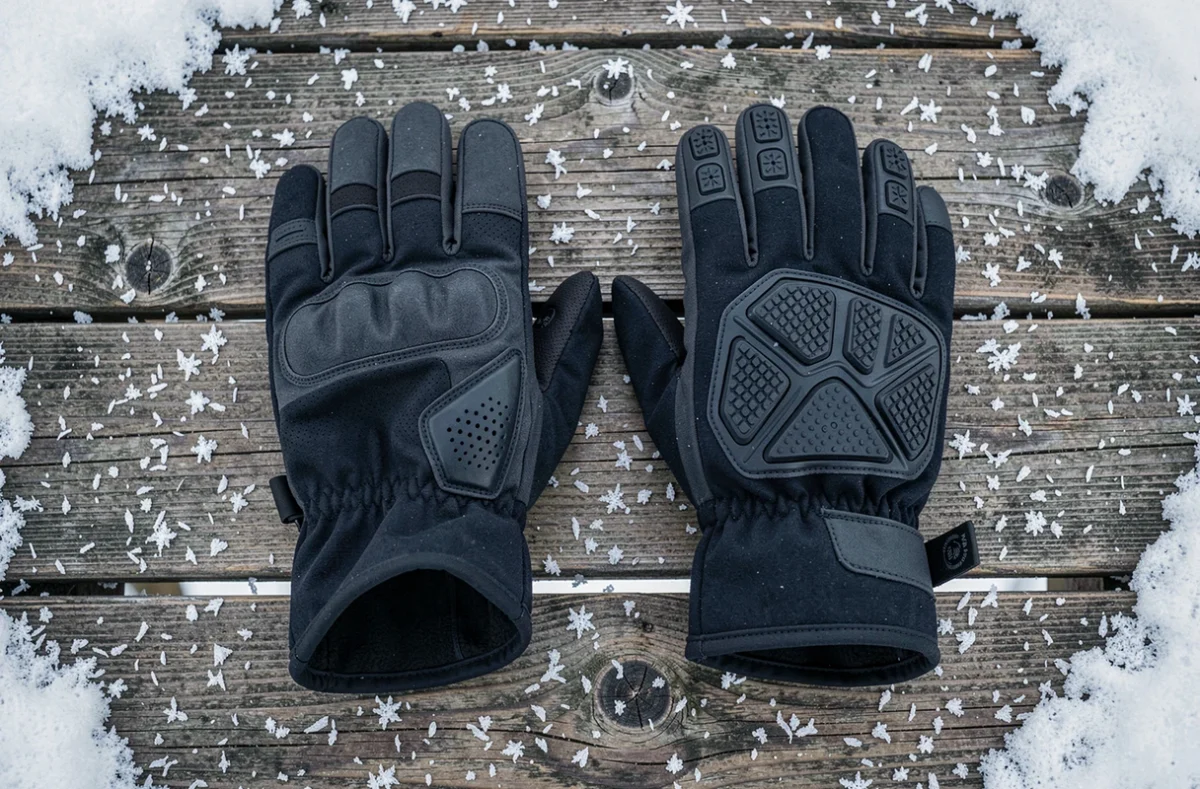Paire de gants grand froid posée sur bois enneigé en vue de dessus, détail matière et coutures