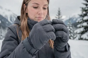 Femme examinant des gants isolés pour le grand froid en montagne enneigée
