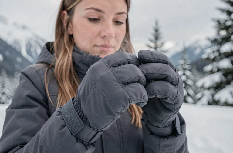 Femme examinant des gants isolés pour le grand froid en montagne enneigée