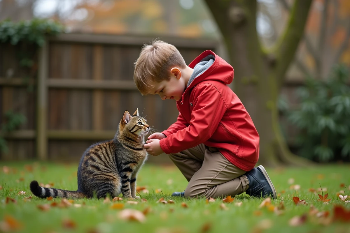 Garçon de 10 ans avec chat dans un jardin verdoyant