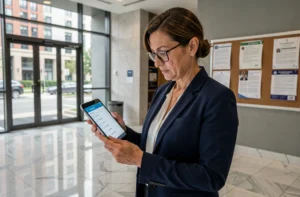 Gestionnaire de copropriété consultant une liste de tâches sur tablette dans le hall d'un immeuble moderne