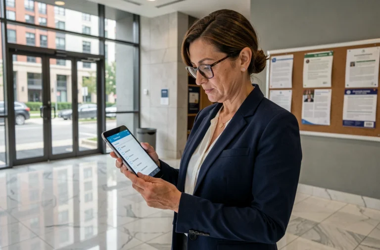 Gestionnaire de copropriété consultant une liste de tâches sur tablette dans le hall d'un immeuble moderne