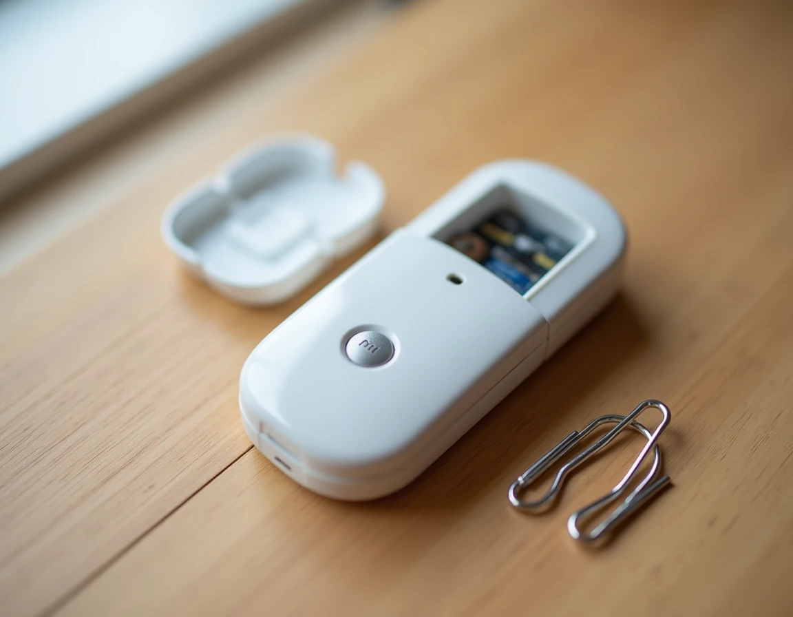 Gros plan de la télécommande Velux Integra KLI 310 ouverte avec compartiment batterie et trombone de réinitialisation sur table en bois