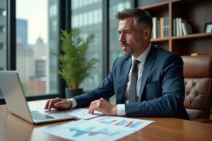 Homme d'affaires analysant des rapports d'inflation dans un bureau
