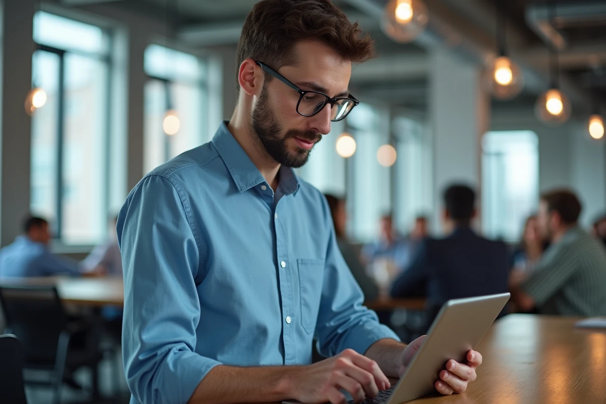 Homme en coworking consulte des moteurs de recherche sur sa tablette