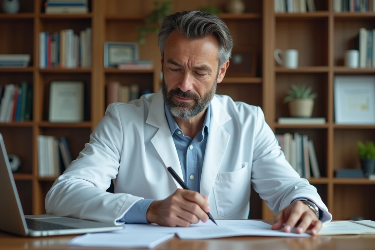 Homme en costume examine des documents dentaires dans un bureau