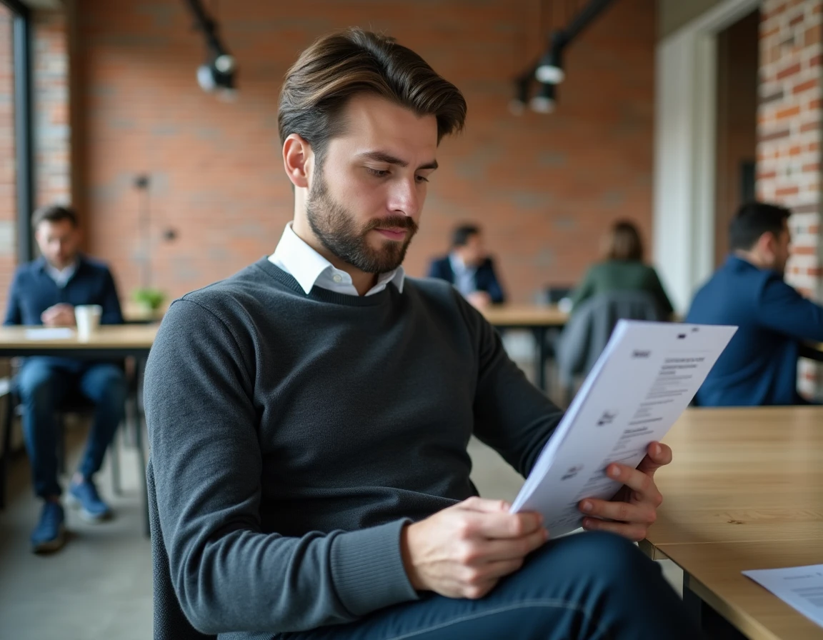 Homme consultant des offres d'emploi sur une tablette dans un espace de coworking moderne