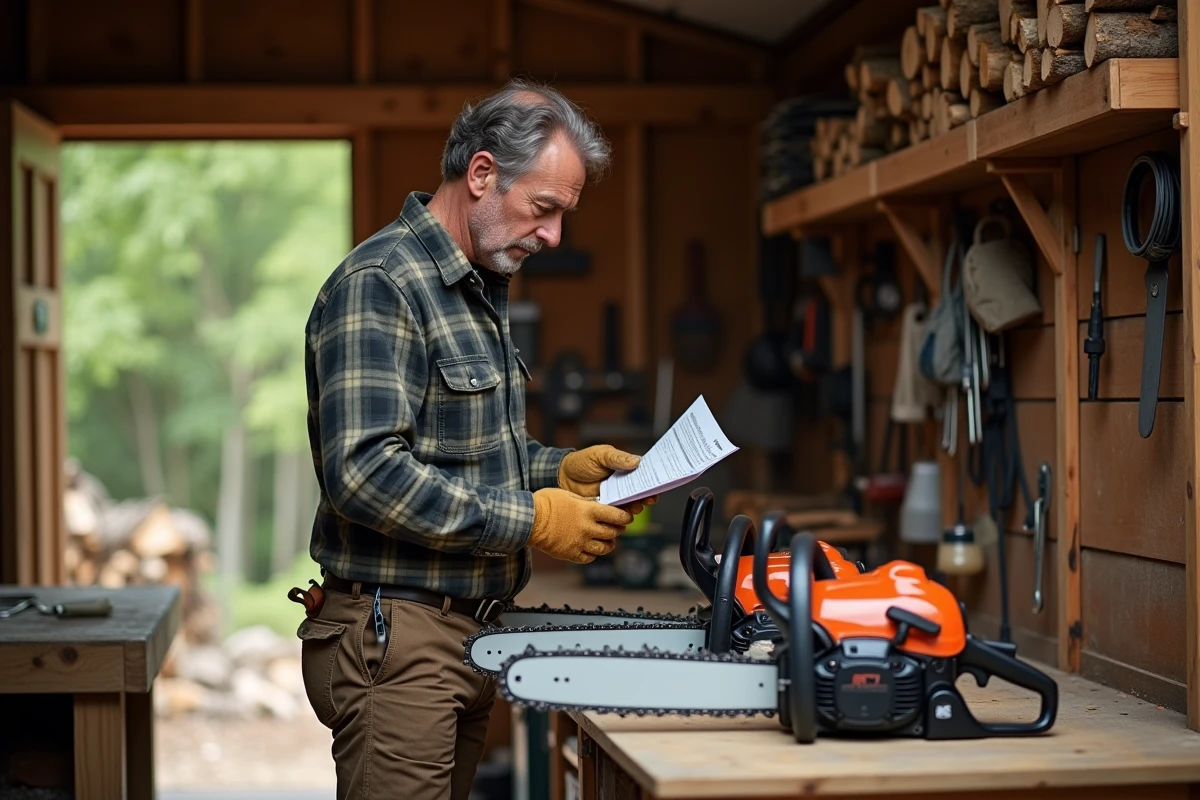 Homme d'âge moyen examinant des chainsaws dans un atelier