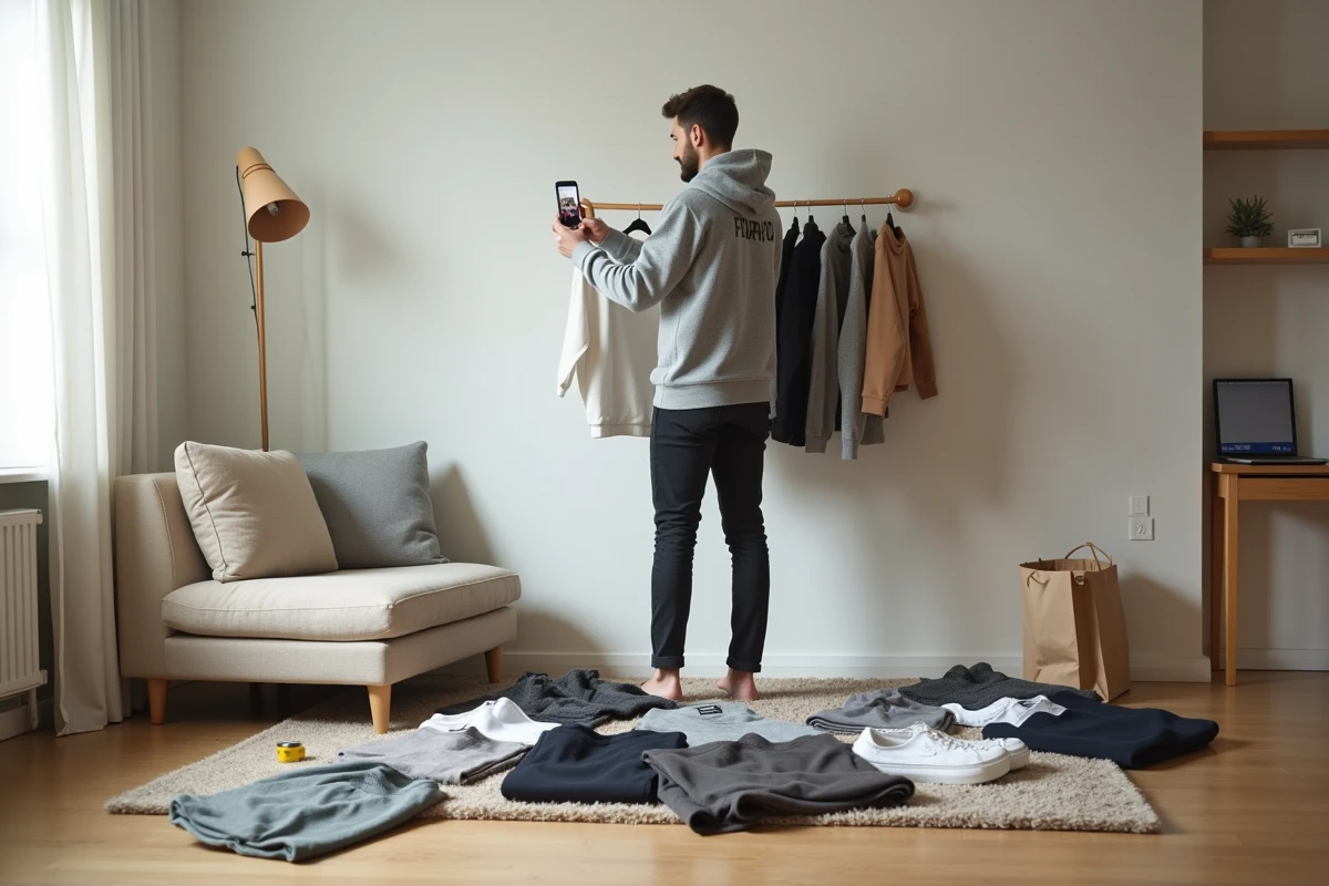 Homme photographiant un sweat à capuche pour créer une annonce de revente de vêtements sur une application mobile