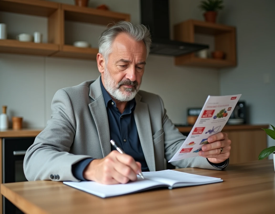 Homme planifiant ses achats avec un prospectus Leclerc et un agenda à la cuisine
