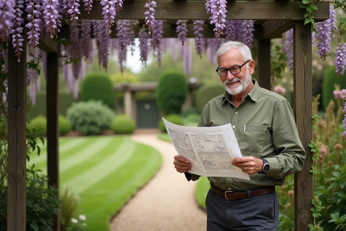 Homme d'âge mûr consultant un plan de jardin devant une pergola en bois recouverte de glycine dans un jardin pavillonnaire fleuri