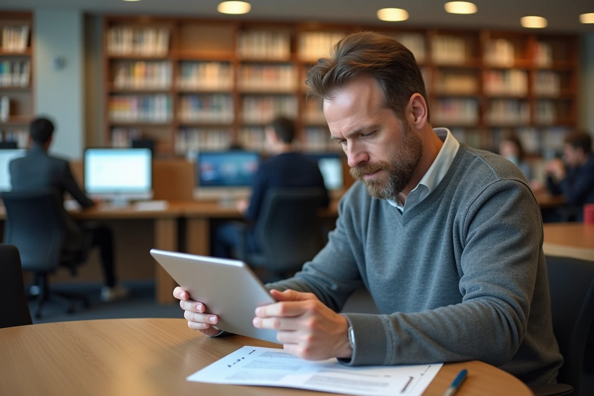 Homme recherchant des offres d emploi à la bibliothèque