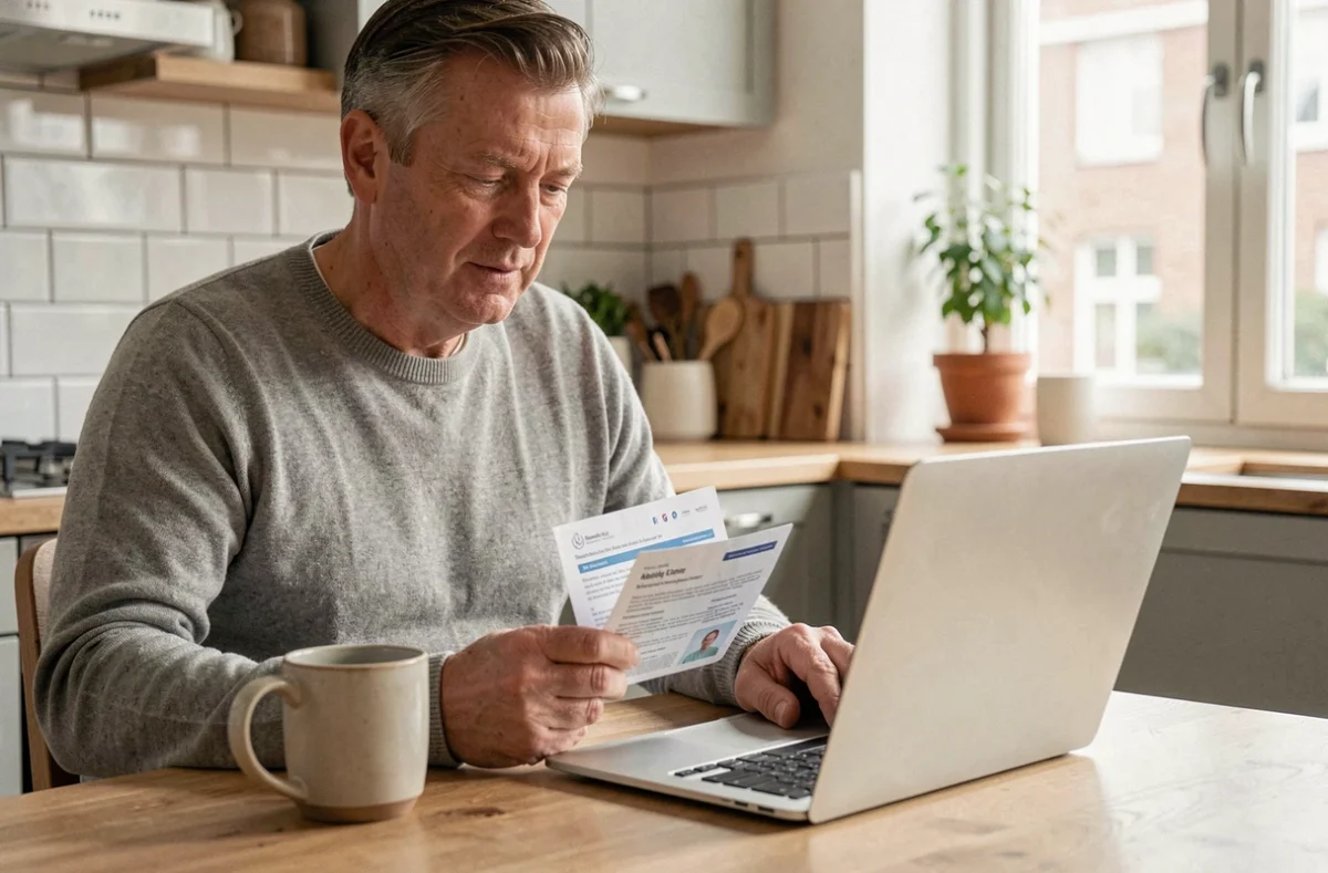Homme belge consultant des ressources de santé en ligne sur un ordinateur portable à domicile avec des documents d'assurance maladie