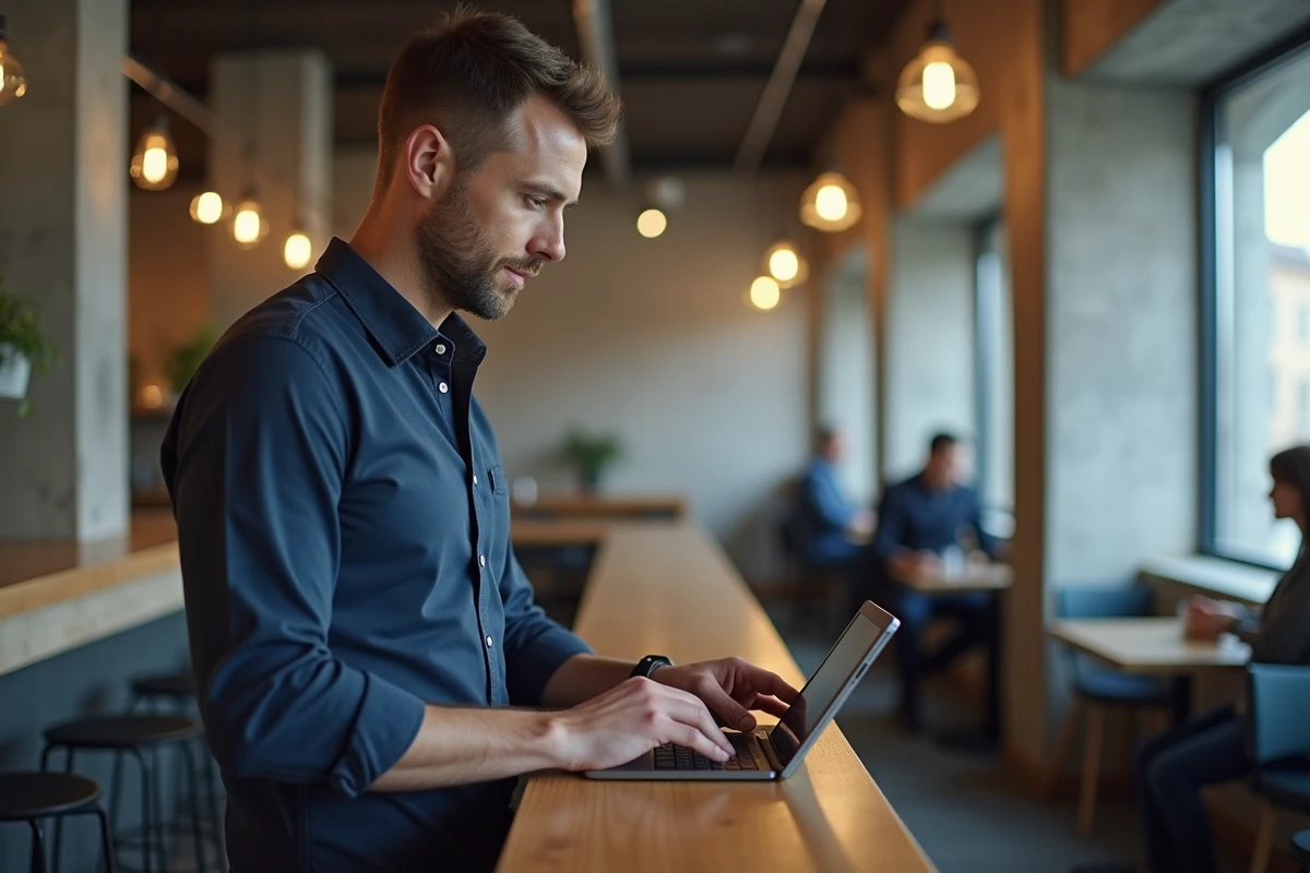 Homme consultant des actualités numériques et des nouveautés du web sur une tablette dans un café urbain moderne