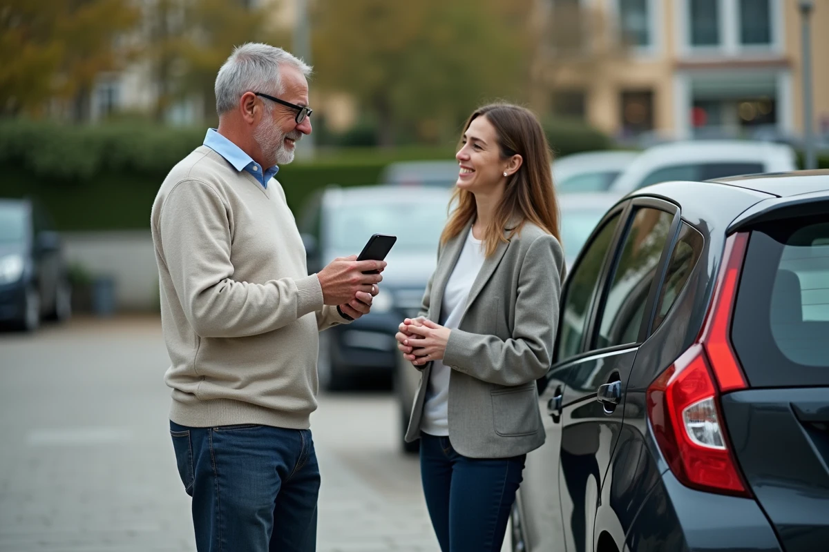 Homme discutant avec passager devant sa voiture en ville