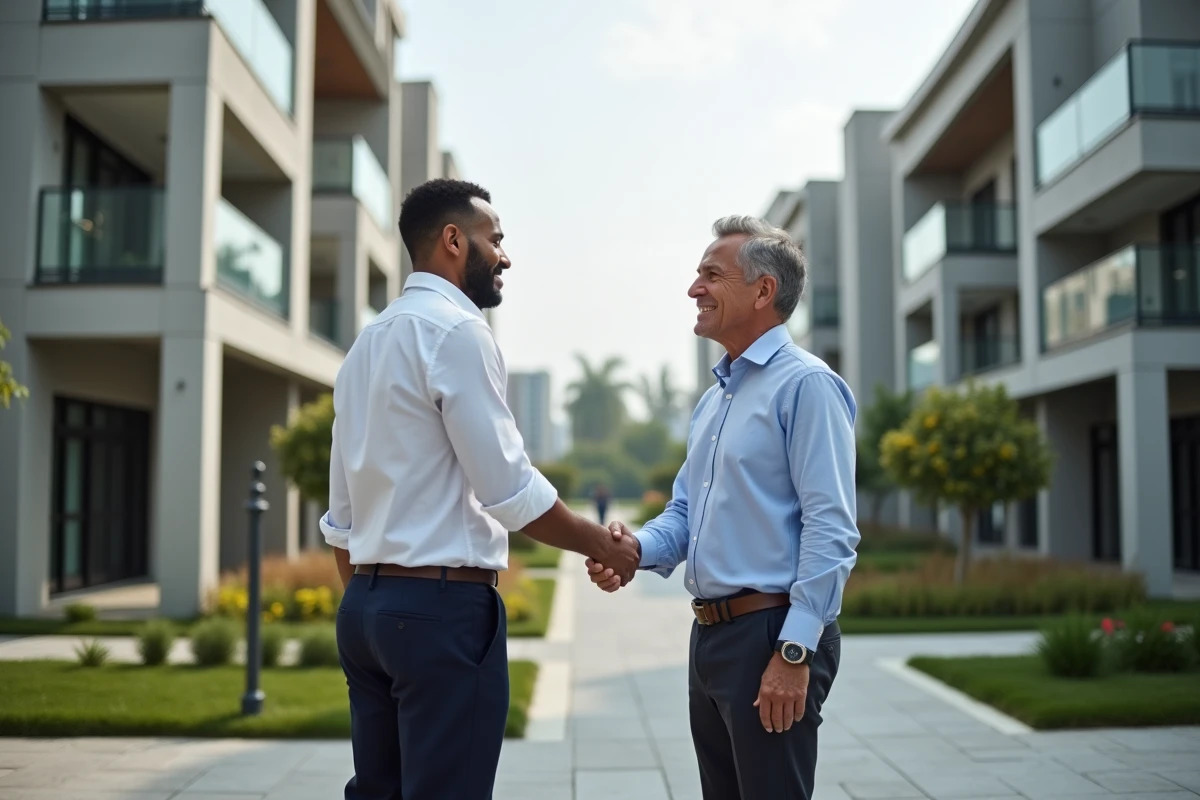 Deux hommes souriants se serrent la main devant immeuble