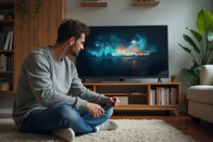 Homme installant Android TV dans un salon cosy