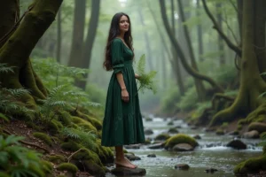 Jeune femme en robe verte dans la forêt magique