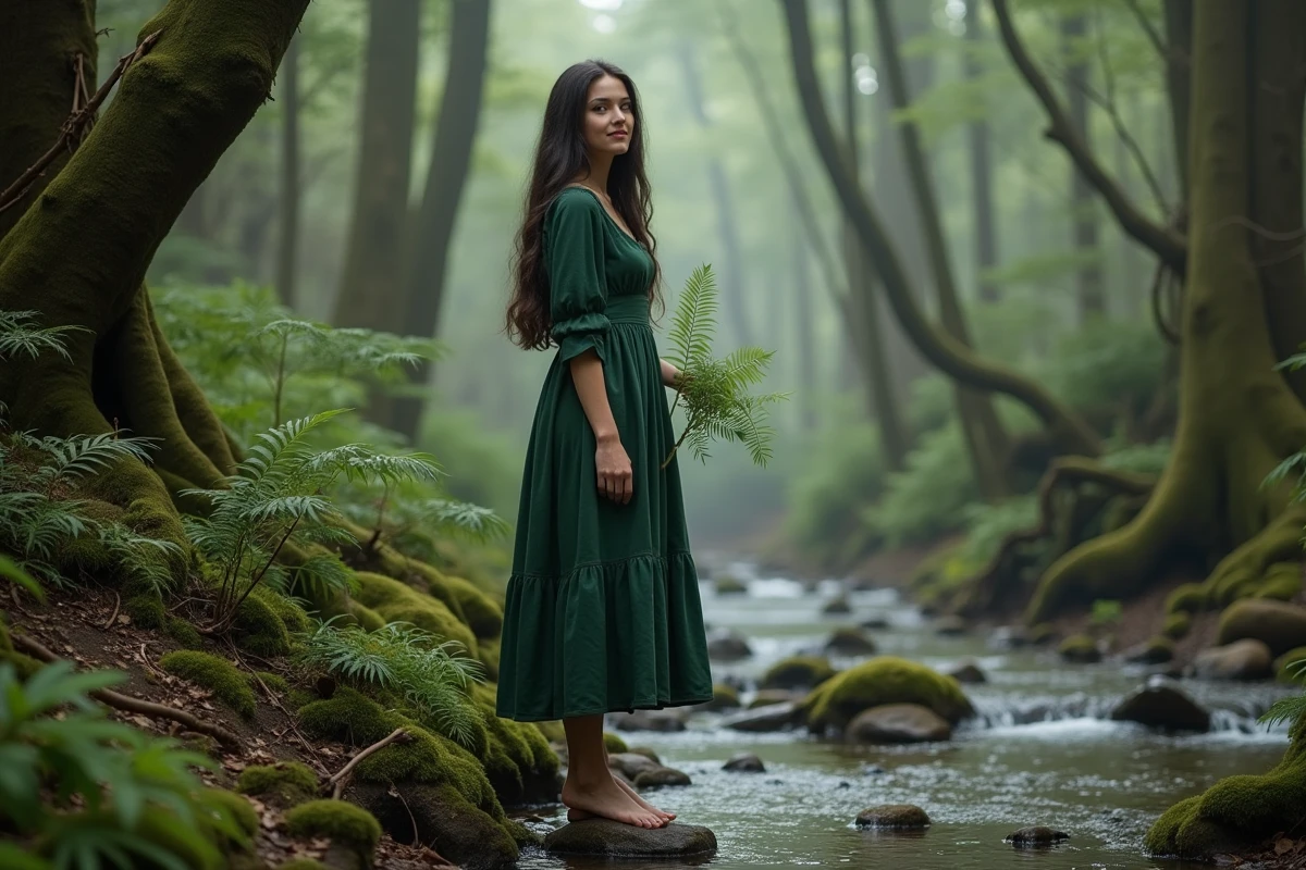 Jeune femme en robe verte dans la forêt magique