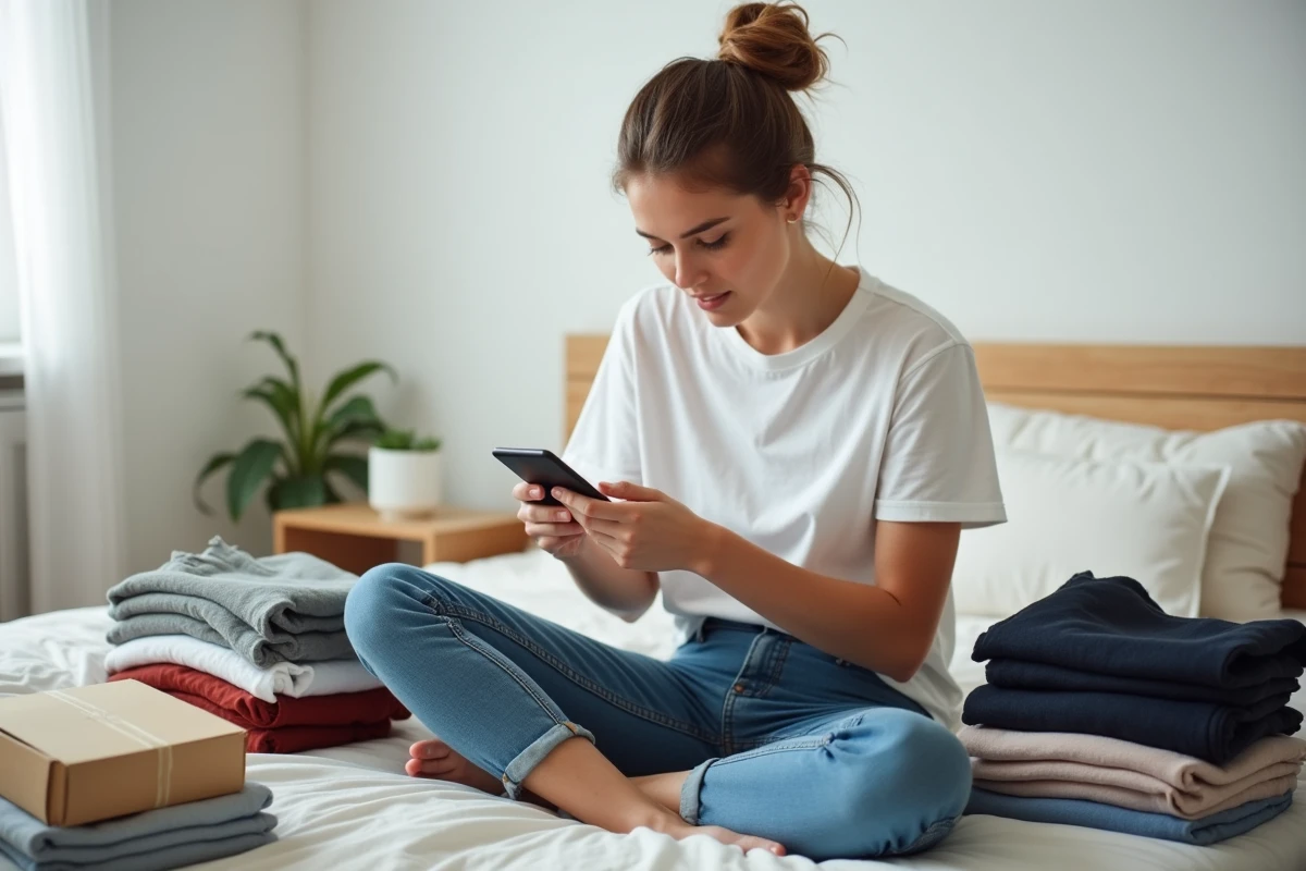 Jeune femme consultant ses gains sur une application de revente de vêtements entourée de tenues triées sur son lit