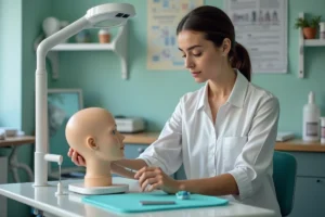 Jeune femme en formation dentaire pratique un mannequin