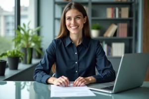 Jeune femme professionnelle examine son CV dans un bureau moderne