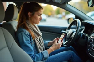 Jeune femme concentrée sur son smartphone dans sa voiture