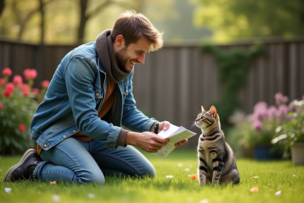 Jeune homme riant avec son chat dans le jardin
