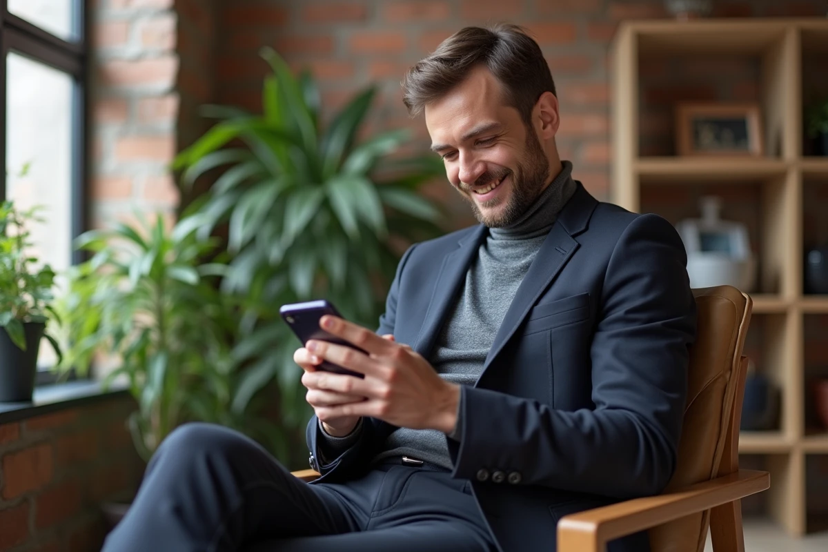 Jeune homme en blazer regardant son smartphone dans un loft