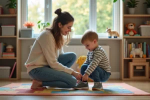 Jeune maman aide son enfant à chausser ses chaussures dans le salon