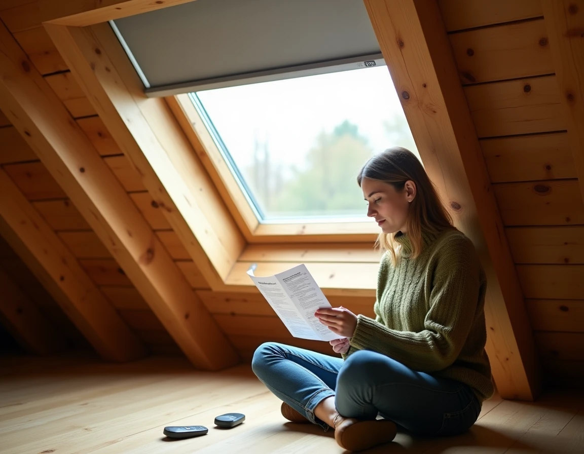 Femme lisant la notice de réinitialisation d'une télécommande Velux KLI 310 sous une fenêtre de toit avec volet roulant motorisé
