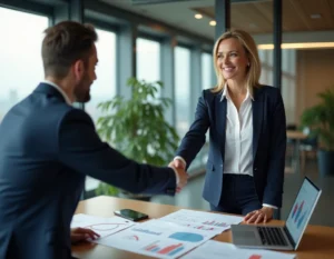 Deux professionnels concluant un partenariat B2B lors d'une réunion d'affaires dans une salle de conférence moderne avec vue sur la ville