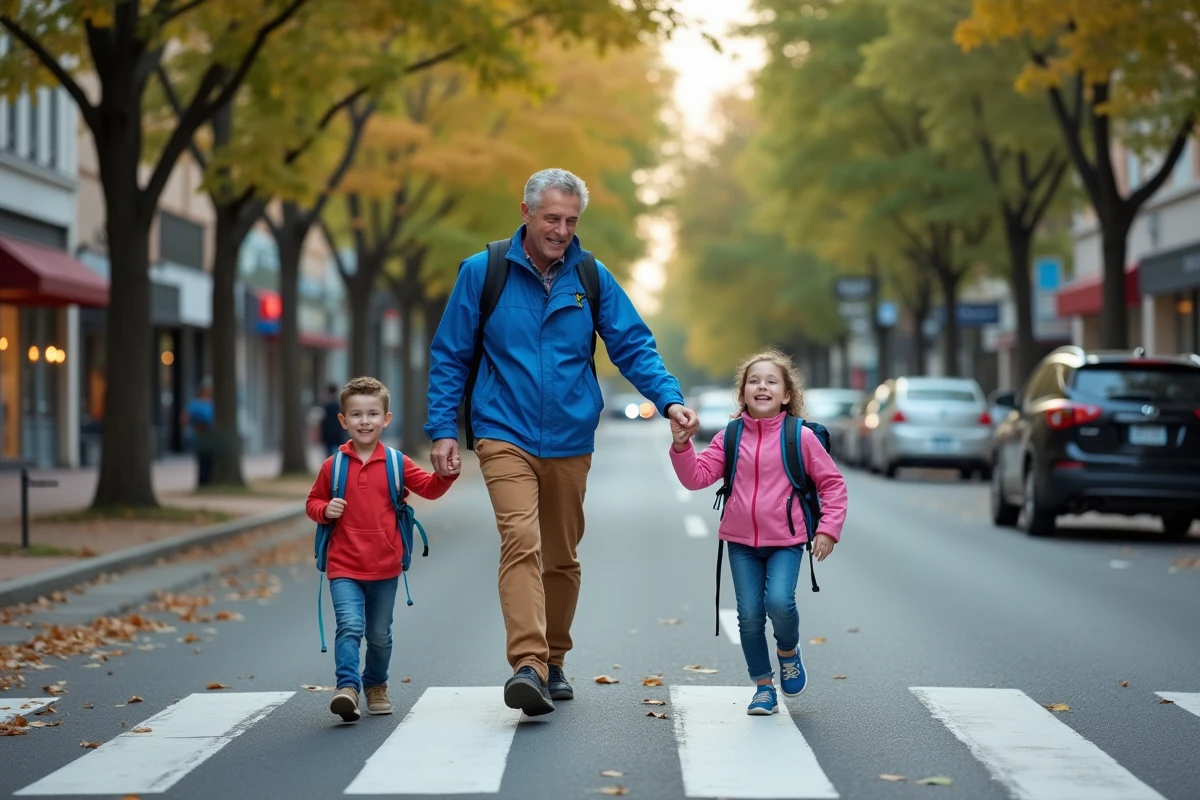 Père guide ses enfants à travers un passage piéton en ville