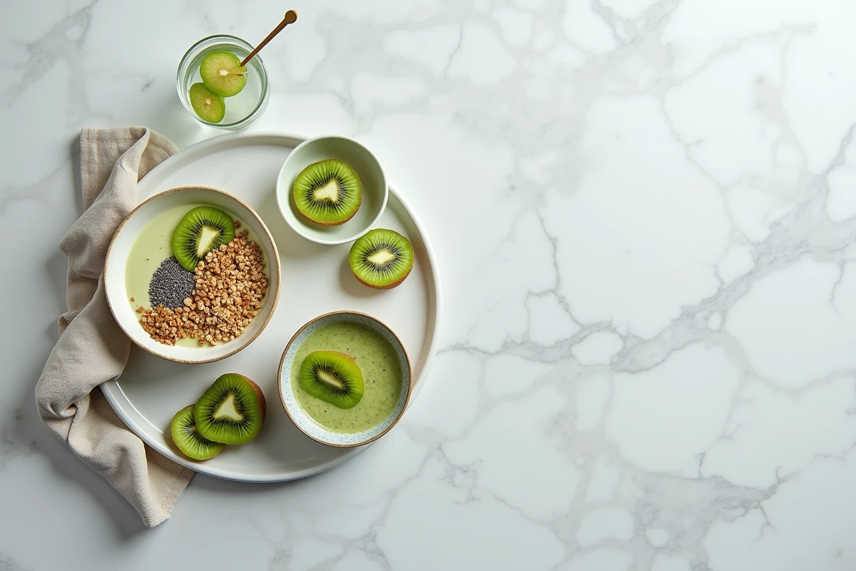 Vue aérienne d'un petit-déjeuner sain à base de kiwis sur un comptoir en marbre blanc avec un bol de smoothie et des graines de chia