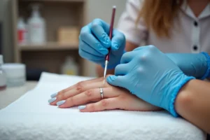 Pose de gel sur les ongles naturels dans un salon de manucure, gros plan sur les mains d'une cliente
