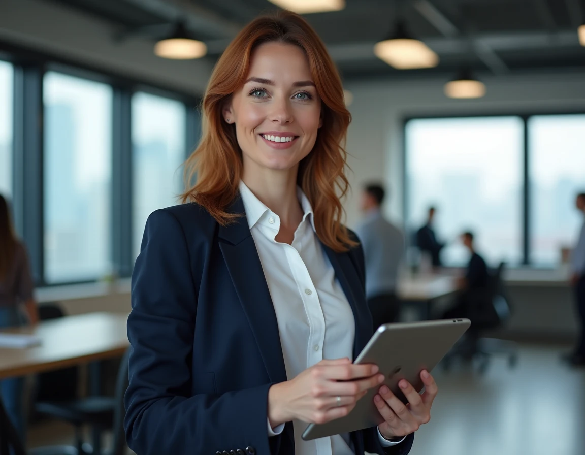Professionnelle du numérique consultant les paramètres de qualité vidéo et de format sur une tablette dans un bureau moderne