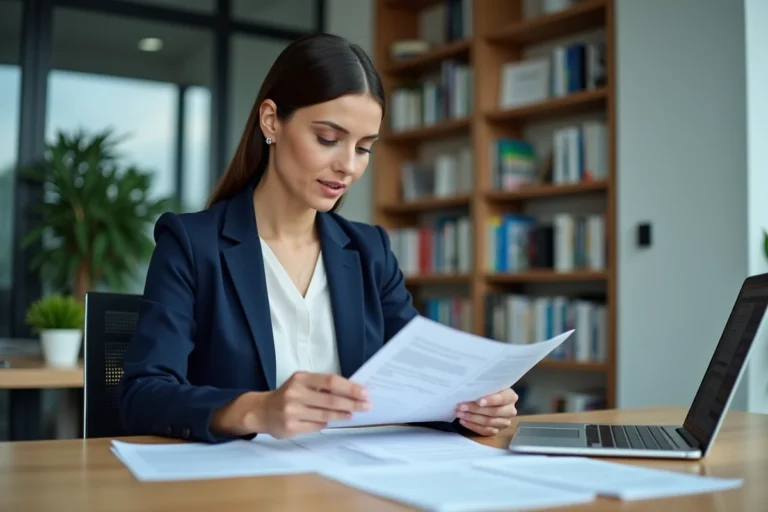 Femme professionnelle étudiant les documents de la qualification CIPD niveau 5 dans un bureau moderne avec ressources RH et ordinateur portable