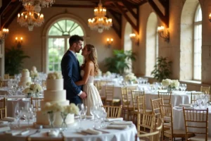 Réception de mariage élégante dans un château français avec mariés en tenue de cérémonie lors d'une émission de téléréalité