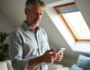 Homme tenant une télécommande Velux Integra KLI 310 et appuyant sur le bouton de réinitialisation avec un stylo bille
