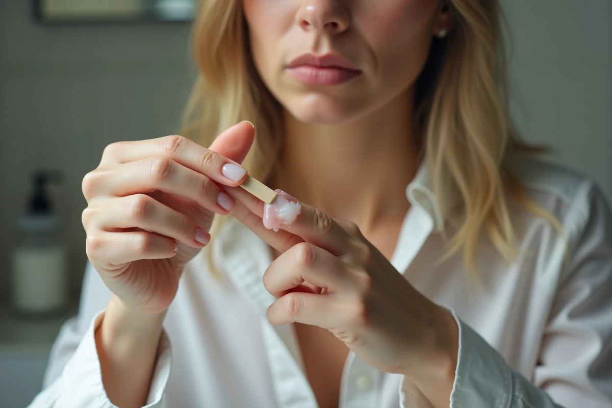 Femme retirant un ongle en gel abîmé révélant des ongles naturels fragilisés et détachés