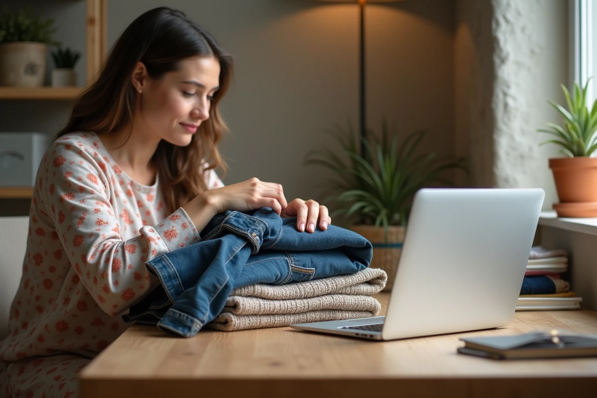 Femme triant des vêtements d'occasion pour les revendre sur une plateforme en ligne depuis son bureau à domicile