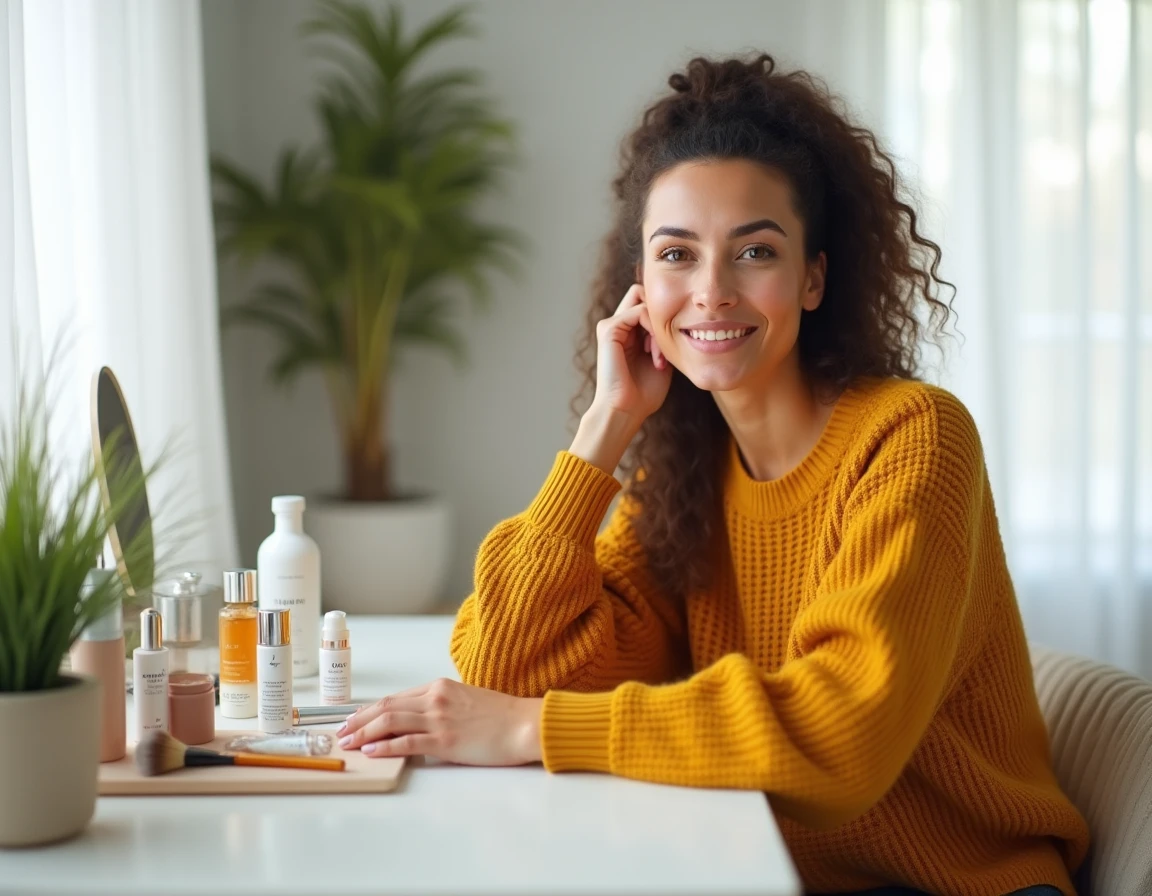 Mujer con cabello natural organizando su rutina de belleza con sérums y brochas en un tocador minimalista
