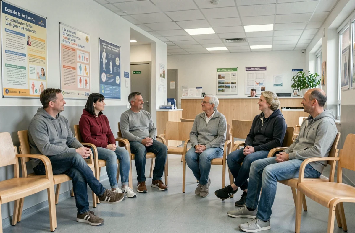 Salle d'attente d'un centre de santé communautaire en Belgique avec des patients adultes attendant leur consultation