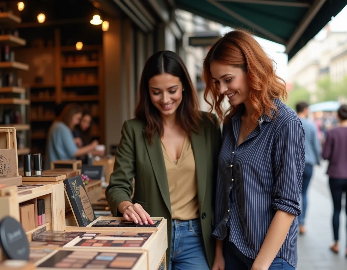 Dos mujeres explorando paletas de maquillaje de tendencia en un puesto de mercado al aire libre
