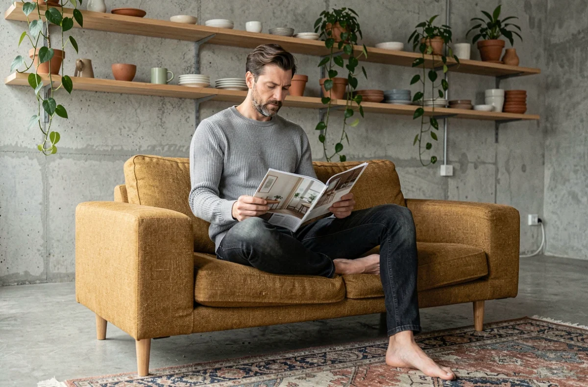 Homme détendu dans un studio minimaliste au décor chic et économique, avec étagères en bois, céramiques abordables et plantes vertes dans des pots en terre cuite