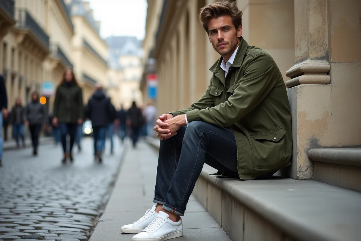 Homme tendance en veste utility verte assis sur les marches d'un immeuble parisien, style streetwear automne