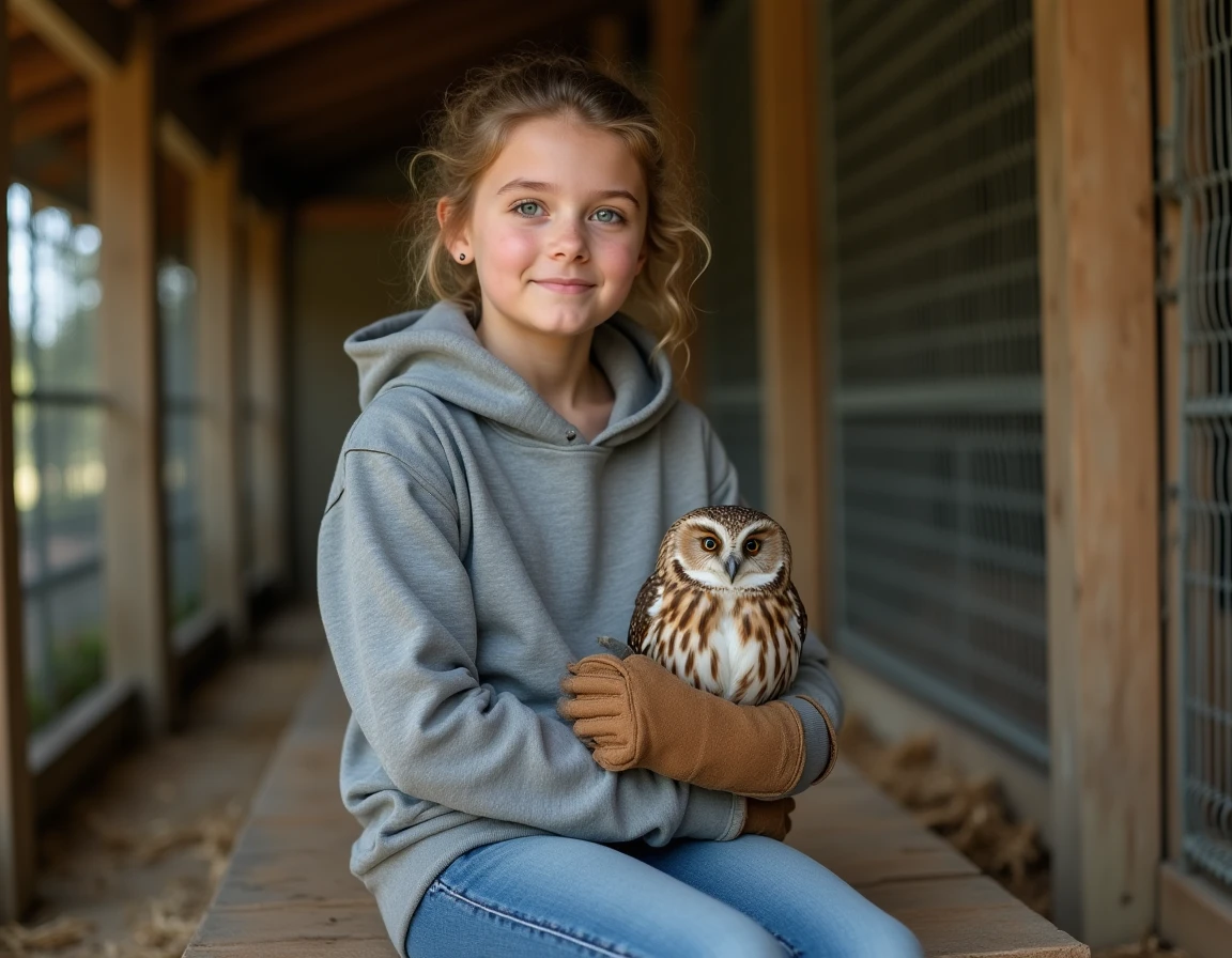 Adolescente en syntonie avec une chouette effraie dans un centre de réhabilitation pour animaux sauvages