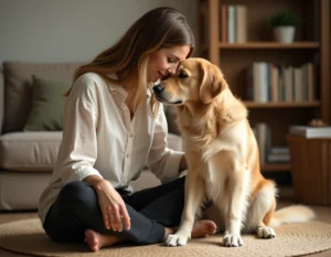 Femme pratiquant la syntonie animale avec son chien golden retriever, front contre front, dans un intérieur chaleureux en bois